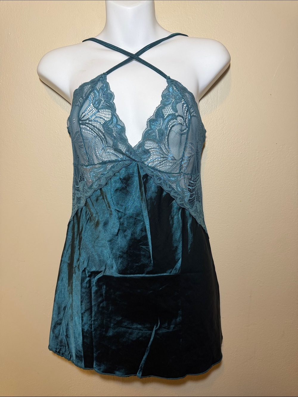 Lace-Trim Satin Chemise in Teal Blue